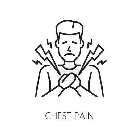 Illustration for Chest pain anemia symptom and physical disease line icon, vector hematology medicine. Outline man pressing hands against his chest with lightnings signs, anaemia symptom, chest and heart pain - Royalty Free Image