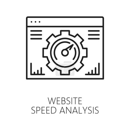 Illustration for Website speed analytics, web audit line icon for digital media content data search, vector symbol. Technical web audit pictogram of website gauge for SEO efficiency and web optimization management - Royalty Free Image