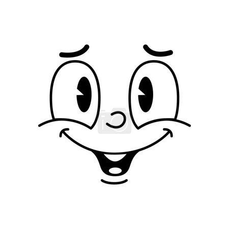 Cartoon lustig comic groovy face smile emotion, retro cute emoji figur strahlt freude mit breitem grinsen und faszinierten augen aus, verströmt eine entspannte und optimistische stimmung, die freude und positivität ausdrückt