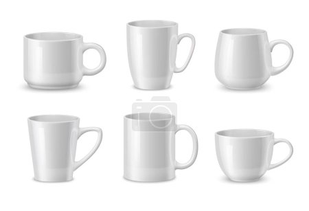 Illustration for Realistic white ceramic coffee mugs and tea cups, vector tableware mockups. Different mugs and cups with handle for tea or coffee and hot drinks, porcelain kitchenware or dishware and crockery mockups - Royalty Free Image