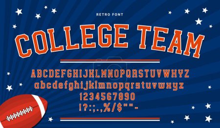 Illustration for American sport college font, jacket type or American league of basketball or baseball, vector typeface alphabet. Sport team print font of American university jacket, varsity t-shirt or football jersey - Royalty Free Image