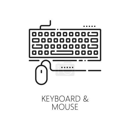 Illustration for Electronics hardware, app development industry, computer software line icon. Computer system upgrade, PC hardware support and repair service outline vector symbol with wired keyboard and mouse - Royalty Free Image