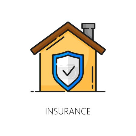 Illustration for Real estate insurance, house rent, apartment mortgage thin line icon. House sale service linear icon, dwelling loan company or apartment rent market outline vector sign with shield protecting home - Royalty Free Image