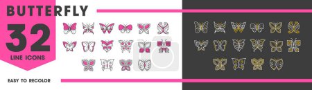 Iconos de línea de insectos mariposa para adornos de tatuajes y arte de decoración, símbolos vectoriales. Machaon o insectos mariposa monarca con patrón de adorno en las alas en línea delgada para la decoración o emblema corporativo