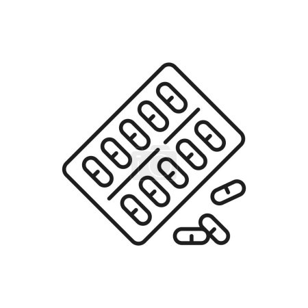 Illustration for Pharmacy pills or vitamin capsules thin line icon. Medicine health care, pharmaceutical treatment or drugstore pills outline vector symbol with antibiotic, painkiller drug blister - Royalty Free Image