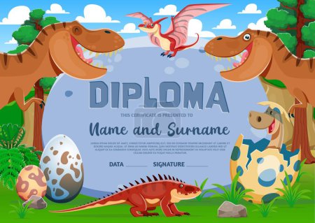 Illustration for Kids diploma with funny tyrannosaur rex and baby dinosaur characters. Vector recognition certificate template for kiddos awesome achievements. Prehistoric praise for children triumph or graduation - Royalty Free Image