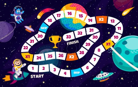 Illustration for Kids board step by step game. Flying saucer in galaxy space. Vector maze, navigate galactic adventure, roll dice, move through planets, complete exploration challenge to reach the cosmic finish line - Royalty Free Image