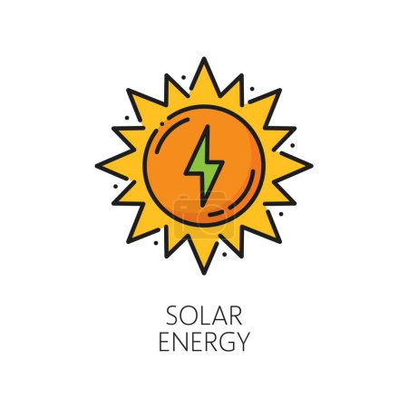 Illustration for Clean solar energy, green power outline icon. Clean electricity sustainable source, ecological electric power station or solar energy industry line vector color icon or sign with sun, green lightning - Royalty Free Image