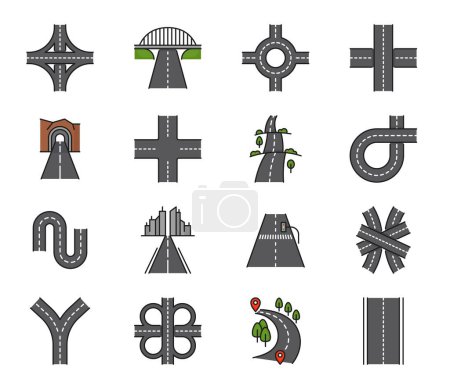 Farbige Straßenzeilen-Symbole. Verkehr, Kreuzung und Tunnelstrecke. Einfahrt, Autobahn-Vektorkreisel, Kreuzung und Kreuzung, Kreuzung und Kreuzung, Hügel, Tunnel und Brücke