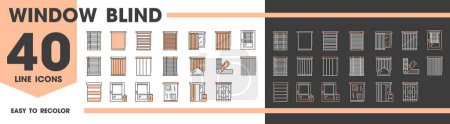 Illustration for Window blinds, curtains and jalousie line icons of home interior drapes, vector pictograms. Window shades and blackout curtains or automatic shutter drapes for house living room or apartment bedroom - Royalty Free Image
