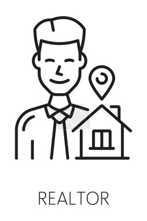 Illustration for Real estate icon. Realtor line pictogram. House or apartment sale outline sign, real estate property rent or loan service monochrome thin line icon or symbol with realtor man and cottage home - Royalty Free Image