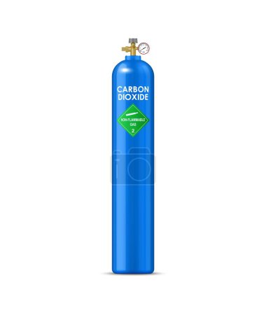 Realistic gas cylinder with carbon dioxide, compressed gas metal balloon. Isolated vector blue sturdy container filled with non-flammable content, serves to industrial applications or medical uses