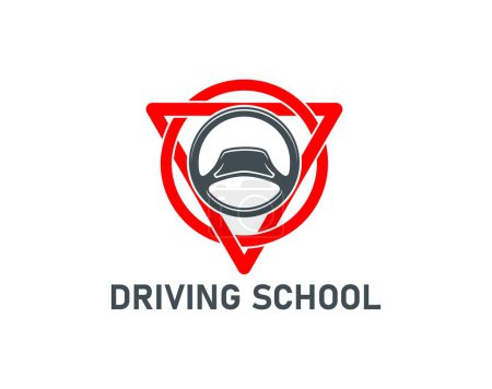Icono de la escuela de conducción del volante del coche y señales de tráfico, símbolo de vector. Emblema del instructor de escuela de conducción o conductor con señales de tráfico rojas para el transporte y el servicio de educación de automóviles o vehículos