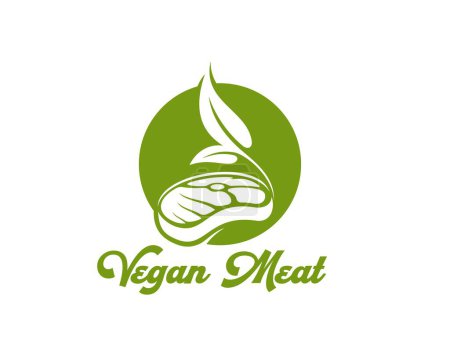 Illustration for Vegan meat icon of vegetable steak and plant leaf for cuisine or product package, vector emblem. Healthy organic vegetarian and eco food icon of vegan meat steak for shop or store and vegan menu sign - Royalty Free Image