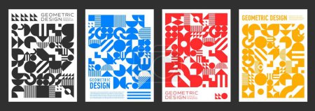 Ilustración de Duotone carteles de patrones geométricos modernos abstractos. Plantillas de cubierta vertical vectorial con figuras de geometría abstracta, formas mínimas retro, formas, líneas en colores vibrantes amarillo, rojo, azul y negro - Imagen libre de derechos