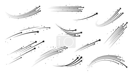 Illustration for Christmas starburst, shooting space stars with trails, meteors and asteroids in sky. Cosmic falling comets with traces, monochrome vector symbols set. Streaks of light, magic and energy silhouettes - Royalty Free Image