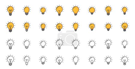 Illustration for Light bulb line icons, lightbulb creative idea symbols, convey innovation and creativity, illumination, imagination, bright insights and innovative thinking. Vector set of color and monochrome lamps - Royalty Free Image