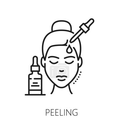 Icône d'épluchage du visage pour la cosmétologie et les soins de la peau ou les produits cosmétiques, vecteur de ligne. Bouteille et compte-gouttes avec goutte de sérum dans l'icône de contour pour peeling chimique ou traitement de la peau du visage pictogramme linéaire