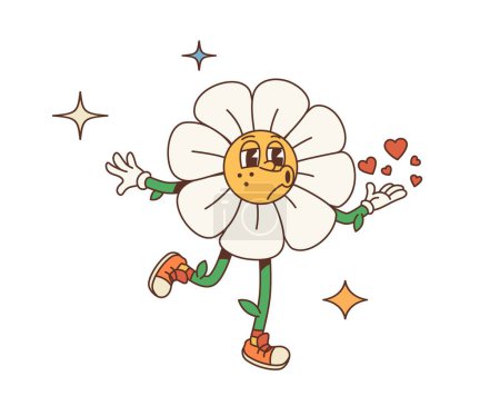 Illustration for Cartoon retro valentine groovy daisy flower character with a kiss. Vector vintage, funky chamomile personage playfully sends an air kiss with love hearts. Isolated romantic valentines day flirt emoji - Royalty Free Image