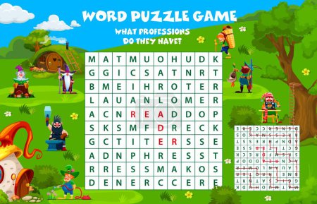 Illustration for Word search puzzle game. Cartoon garden gnome and dwarf characters in fairytale village. Word search kids riddle, crossword grid vector game worksheet with wizard, hunter, blacksmith and farmer gnomes - Royalty Free Image