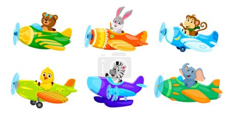 Illustration for Cartoon baby animals characters on planes. Animal kid airplane pilots vector personages of cute monkey, bear and bunny. Funny elephant, duck and zebra flying on retro aircraft with aviator goggles - Royalty Free Image