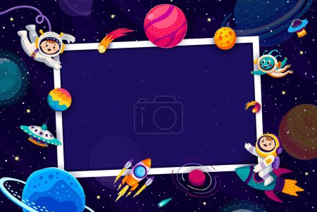 Téléchargez les illustrations : Galaxy espace anniversaire cadre photo arrière-plan avec dessins animés enfants astronautes personnages, fusées et ciel étoilé frontière vectorielle. Homme de l'espace et personnages extraterrestres volant à bord de vaisseaux spatiaux et d'ovnis dans l'espace - en licence libre de droit