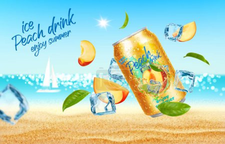Illustration for Peach ice drink fruit juice can with cubes on summer beach, soft beverage product ad poster vector 3d template. Peach drink tin can with drops, fruit slices, leaves and ice on blue water background - Royalty Free Image