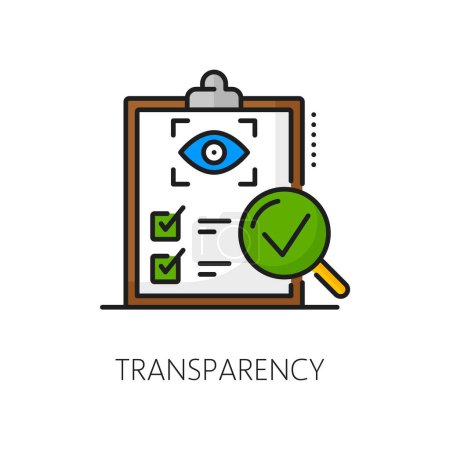 Transparency color line icon of business management and finance clarity. Vector outline clipboard of transparency report checklist and magnifying glass. Business company ethics and information access