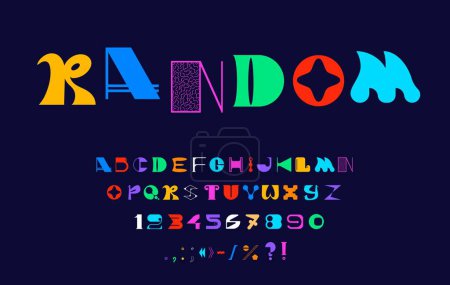Illustration for Modern brutal font, random bold type, aesthetic typeface, abstract figure english alphabet vector typography. Random geometric shape letters and numbers, colorful brutal font of english abc characters - Royalty Free Image