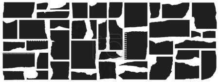 Ilustración de Raya rasgada, papel rasgado negro rasgado triturado de página dañada, piezas de la nota. Conjunto de páginas texturizadas vectoriales rasgadas y recortadas, siluetas de collage aisladas, marcos, bordes, chatarra, fragmentos antiguos, dañados - Imagen libre de derechos