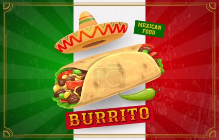 Burrito de cocina mexicana con bandera nacional y sombrero sombrero, cartel de comida vectorial. Cocina Mexicana o Tex Mex fondo de comida rápida para menú de restaurante con burrito y chile jalapeño con bandera de México