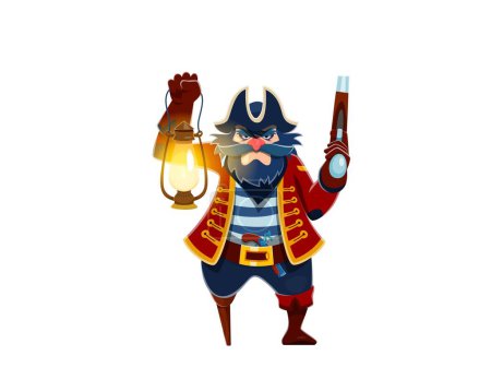 Illustration for Cartoon pirate boatswain character with lantern or corsair seaman with wooden leg, vector captain sailor. Old angry pirate filibuster in tricorne hat with pistol gun for Caribbean adventure character - Royalty Free Image