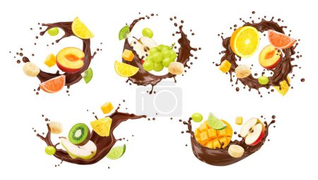 Illustration for Chocolate yogurt, cream or milk drink swirl splash with tropical fruits. Chocolate sweet drink or cocktail 3d realistic vector isolated splash with grapes, peach, mango and citrus, kiwi, apple piece - Royalty Free Image