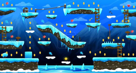 Ilustración de Arcade norte congelado mundo juego nivel de interfaz de mapa. Glaciares, plataformas de hielo y escaleras, bonificaciones y gemas en el mundo de las aplicaciones de juego o entorno de fondo, interfaz de dibujos animados de diseño de nivel de videojuego de plataforma - Imagen libre de derechos