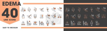 Ödemlinien-Symbole für Fuß- und Knöchelkrankheiten bei lymphatischen Krampfadern, Vektorsymbole. Ödeme medizinische Piktogramme und Liniensymbole der Körpereinlauf Krankheitsbehandlung, Diagnose und Prävention