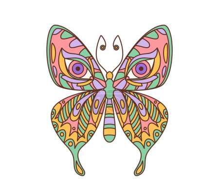 Ilustración de Dibujos animados retro hippie mariposa groovy en los años 70 arte retro, símbolo vectorial. Vintage impresión de decoración de machaon mariposa groovy con colores psicodélicos ornamento de impresión en las alas para la decoración hippie funky - Imagen libre de derechos