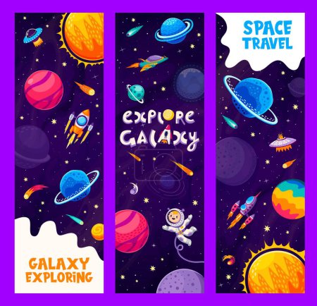 Galaxy space exploration vector banners. Cute kid astronaut and alien cartoon characters with rockets, UFO and starship exploring alien space galaxy planets and stars, fantasy universe travel flyers