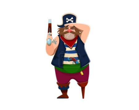 Personaje pirata de dibujos animados patrón con pistola. Vector aislado de una sola pierna burly, personaje marinero amenazante con un sombrero de gallo jaunty y un chaleco, blande una pistola de bloqueo de pedernal, listo para la aventura