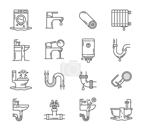 Illustration for Plumbing service icons. Plumber tools, toilet, pipe, drain, bathroom and shower problems vector thin line signs. Outline faucet or tap, sink, boiler, sewerage, water pipeline and bathtub leak repair - Royalty Free Image
