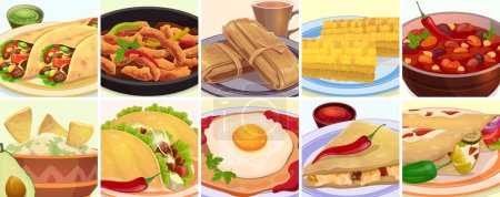 Mexican cuisine menu, tex mex food collage. Vector traditional meals of Mexico. Taco, chili beans and corn, fajitas, huevos rancheros, enchiladas, nacho and guacamole, hot chocolate and tamale dessert