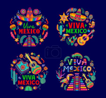 Illustration for Viva Mexico round emblems with traditional Mexican items. Vector labels with sombrero hat, poncho, pyramid and jalapeno pepper. Maracas, cacti, guitar and toucan bird. Pinata, chameleon or flowers - Royalty Free Image