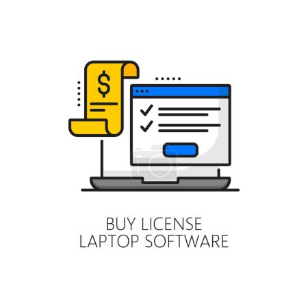 Buy license laptop software line color icon, maintenance and update app. Vector linear sign, featuring notebook Pc with payment bill and information screen. Application, digital program purchase