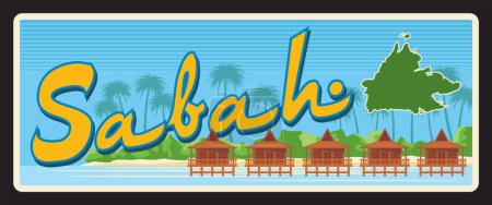 Téléchargez les illustrations : État de Sabah en Malaisie, territoire asiatique malaisien. Plaque ou autocollant de voyage vectoriel, panneau de bienvenue vintage, carte postale de vacances rétro ou panneau de voyage, étiquette de bagage. Plage avec bungalow et carte - en licence libre de droit