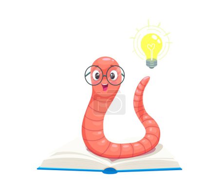 Illustration for Cartoon cute bookworm character with idea light bulb on book, vector smart creative worm in glasses. Bookworm in eyeglasses with creative idea face and lamp lightbulb, education or school study emoji - Royalty Free Image