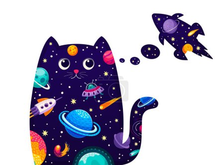 Ilustración de Gato soñando con cohetes espaciales. Silueta felina celeste vectorial linda aislada adornada con galaxias, estrellas y planetas dentro de sus contornos, pensando en el viaje cósmico interestelar en el universo lejano - Imagen libre de derechos