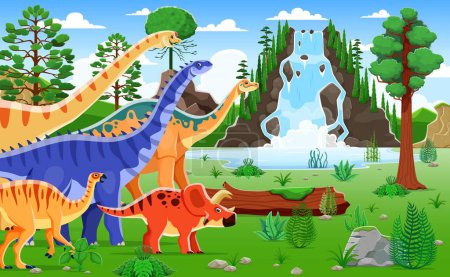 Téléchargez les illustrations : Les personnages de dinosaures de bande dessinée parcourent un paysage préhistorique animé, luxuriant avec des fougères imposantes et une cascade d'eau. Brachiosaure ludique et tricératops dans le monde antique avec une végétation colorée - en licence libre de droit