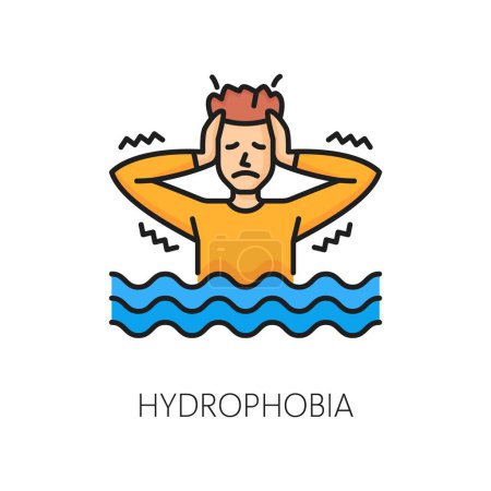 Hydrophobia phobia, anxiety or mental health thin line color icon. Mental disorder, people psychology or fear problem line vector pictogram. Phobia or anxiety line symbol with man scared of water