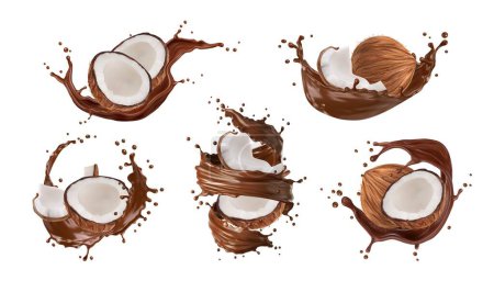 Illustration for Realistic chocolate yogurt, cream or milk drink splash with coconut. Melted chocolate dessert, chocolate drink realistic vector splash, sweet beverage yogurt and hot cacao splatter with coconut - Royalty Free Image