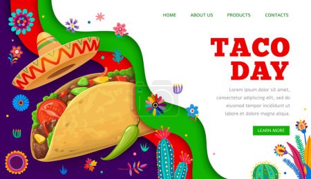 Jour du Taco, cuisine mexicaine ou page de destination restaurant ou site alimentaire, modèle vectoriel. Page d'accueil Taco Day avec boutons de menu pour la livraison de nourriture avec sombrero mexicain, jalapeno et piment