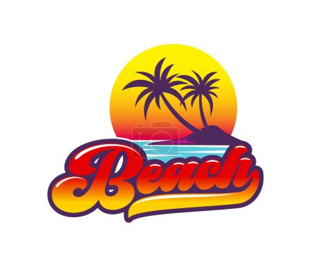 Ilustración de Icono de playa tropical de verano con palmeras e isla al amanecer, emblema del paraíso vectorial. Playa del océano con olas marinas y siluetas de palma al atardecer para disfrutar de una isla paradisíaca o unas vacaciones - Imagen libre de derechos
